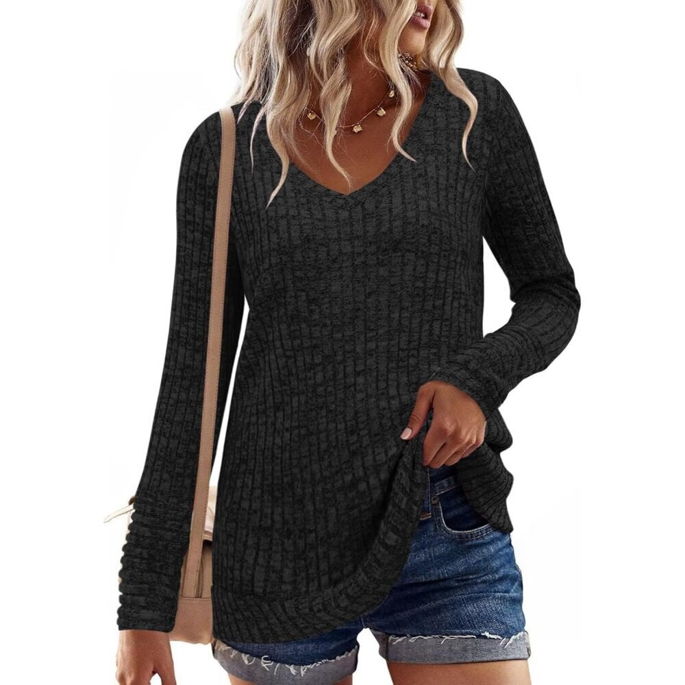 Misfay Women Black Casual Long Sleeve V Neck Shirts Solid Color Sweaters